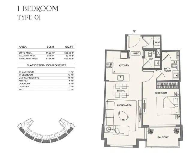 Binghatti Wraith at Al Jaddaf Dubai 1 BR Apartment 665 Sq. Ft. Floor Plan