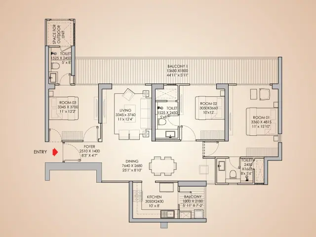 Godrej Aristocrat - 3 BHK Plan