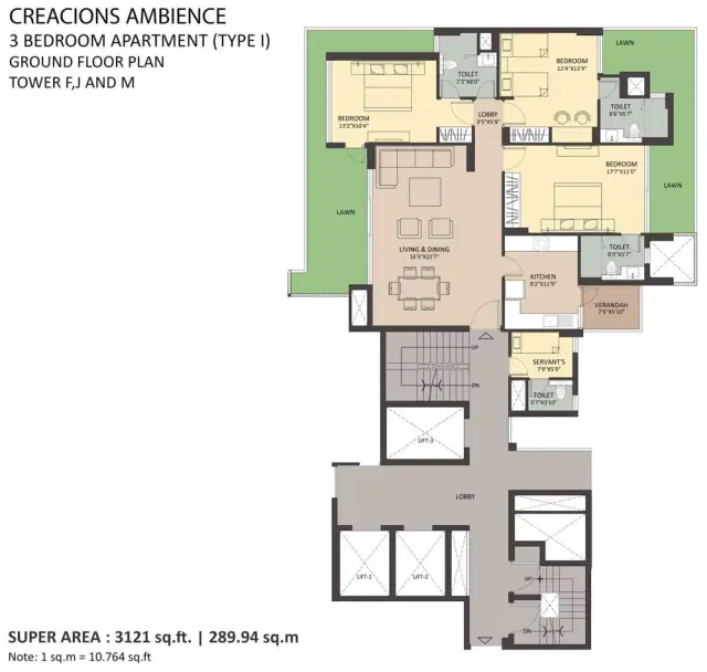 Ambience Creacions Gurgaon - 3 BHK Plan