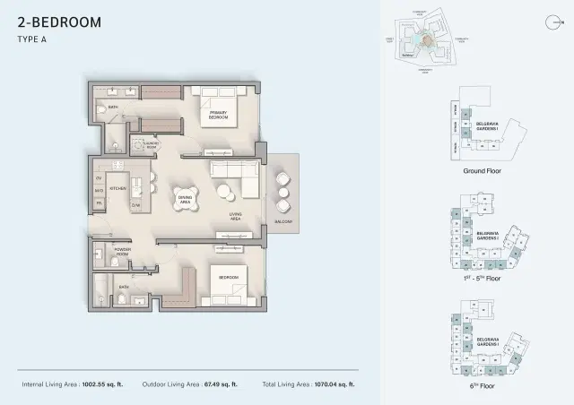 Belgravia Gardens by Ellington at Dubailand 2 BR Apartment 1,070 Sq. Ft. Floor Plan