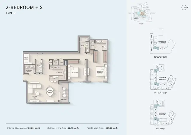 Belgravia Gardens by Ellington at Dubailand 2 BR Apartment 1,438 Sq. Ft. Floor Plan