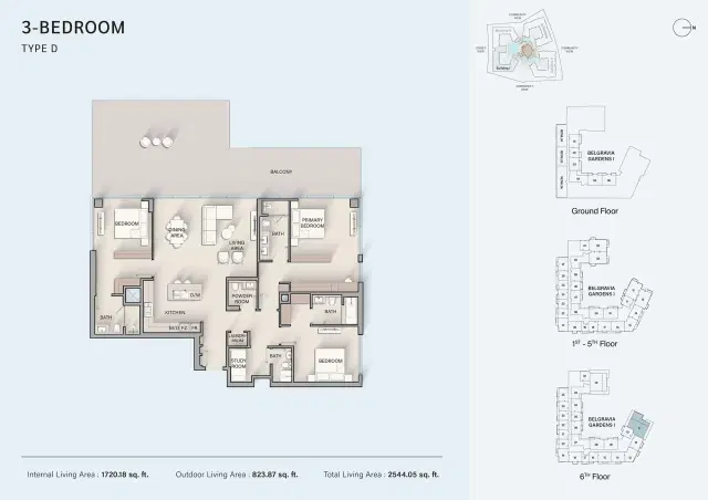 Belgravia Gardens by Ellington at Dubailand 3 BR Apartment 2,544 Sq. Ft. Floor Plan