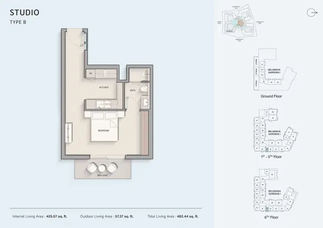 Belgravia Gardens by Ellington at Dubailand Studio 482 Sq. Ft. Floor Plan