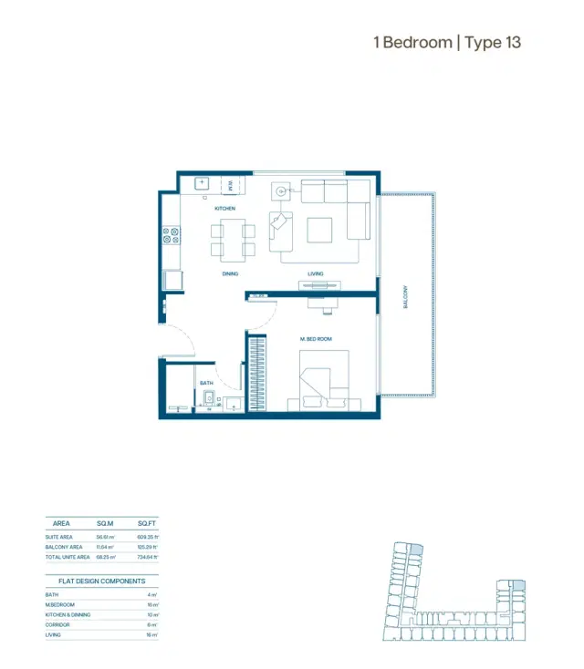Binghatti Aurora at Jumeirah Village Circle 1 BR Apartment 734 Sq. Ft. Floor Plan