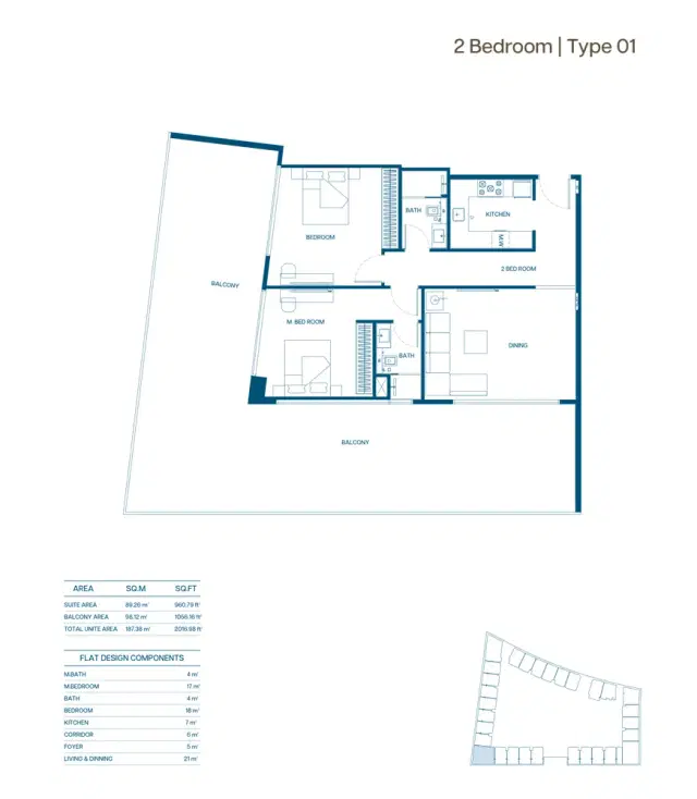 Binghatti Aurora at Jumeirah Village Circle 2 BR Apartment 2,016 Sq. Ft. Floor Plan
