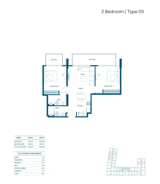 Binghatti Aurora at Jumeirah Village Circle 2 BR Apartment 999 Sq. Ft. Floor Plan