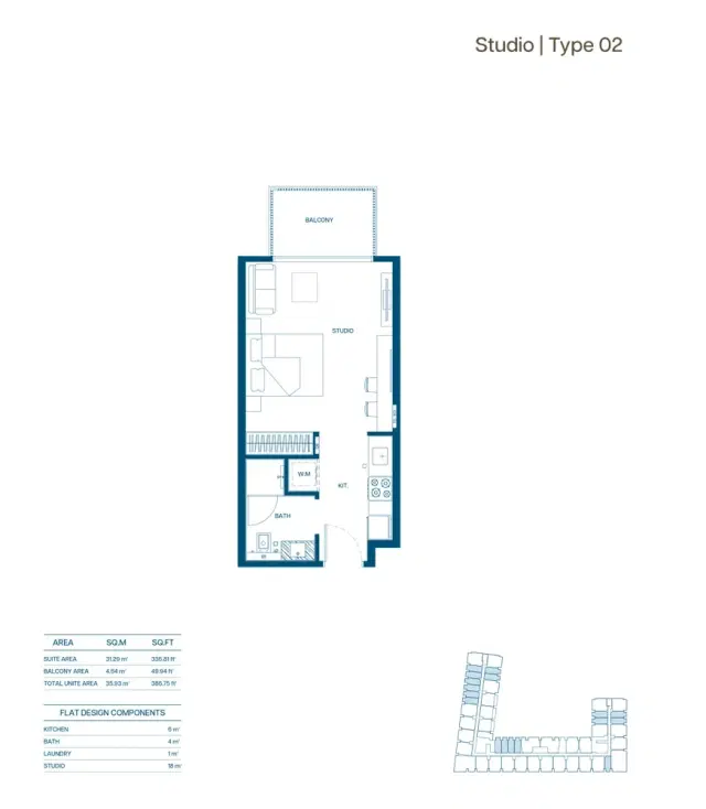 Binghatti Aurora at Jumeirah Village Circle Studio 386 Sq. Ft. Floor Plan