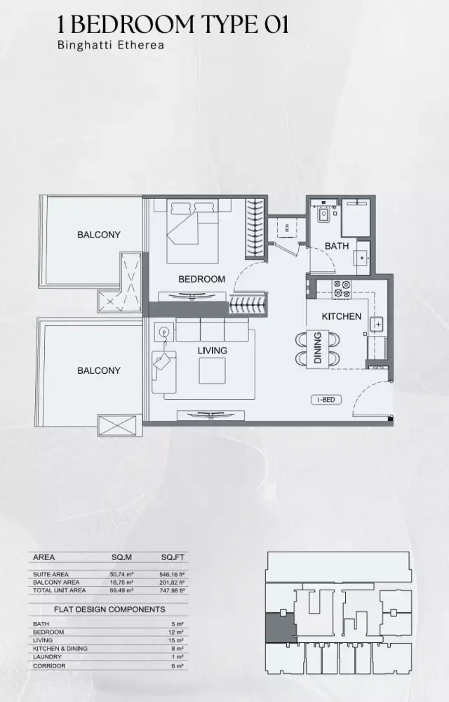 Binghatti Etherea at JVC 1 BR Apartment 747 Sq. Ft. Floor Plan