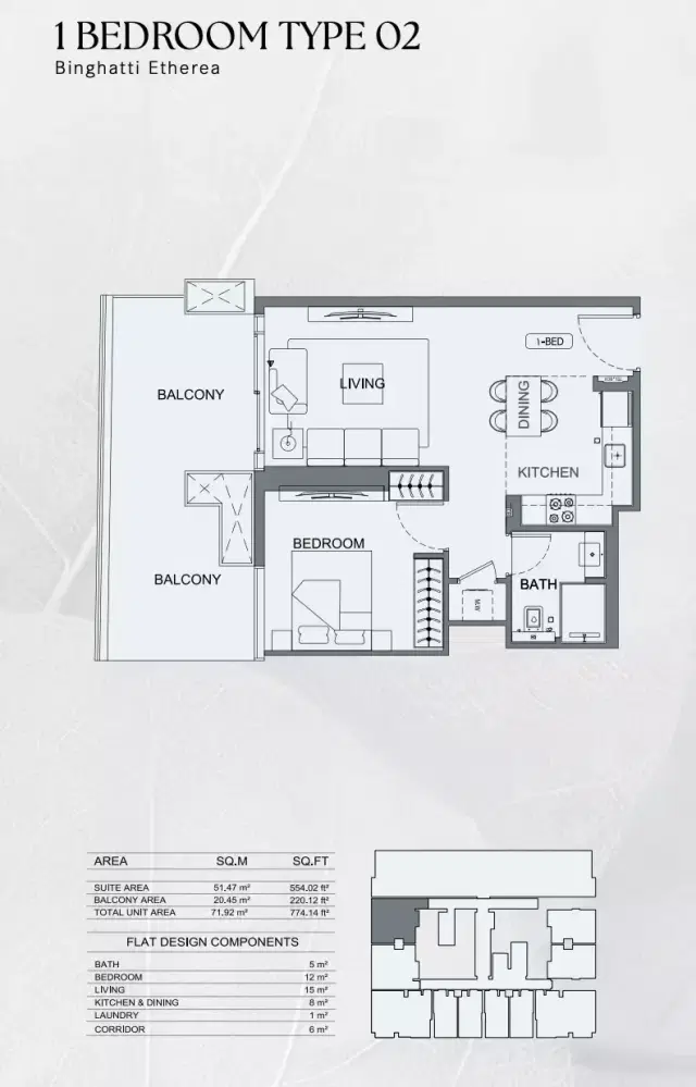 Binghatti Etherea at JVC 1 BR Apartment 774 Sq. Ft. Floor Plan