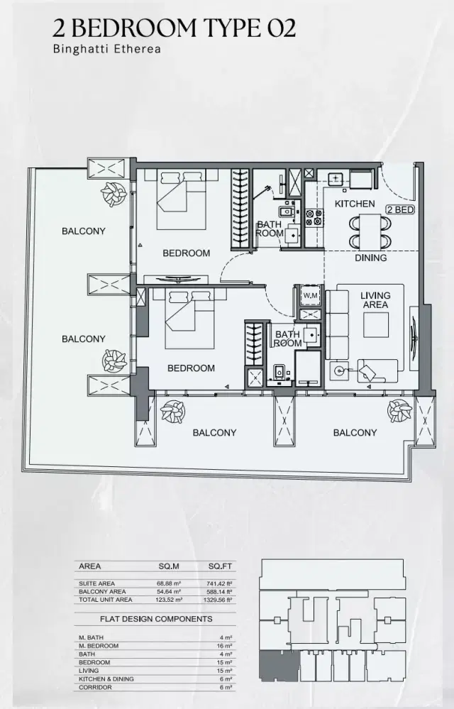 Binghatti Etherea at JVC 2 BR Apartment 1329 Sq. Ft. Floor Plan