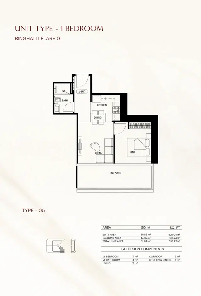 Binghatti Flare at JVT – Twin-Tower Apartments in Dubai 1 BR Apartment 558 Sq. Ft. Floor Plan