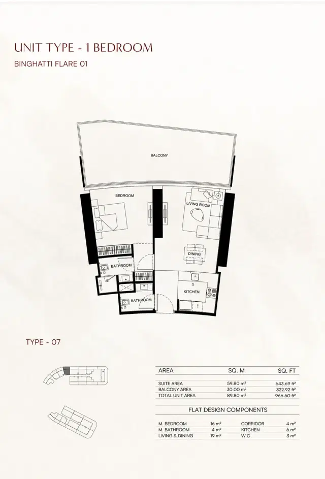 Binghatti Flare at JVT – Twin-Tower Apartments in Dubai 1 BR Apartment 966 Sq. Ft. Floor Plan