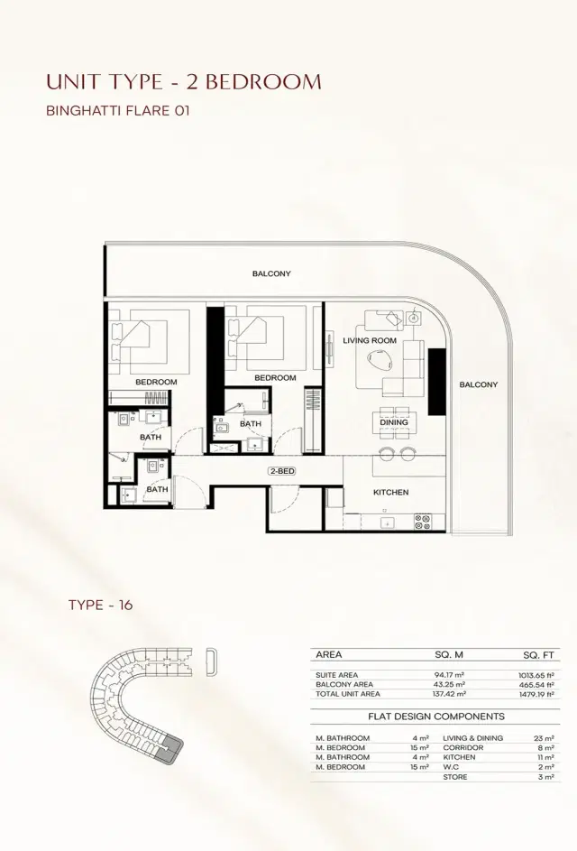 Binghatti Flare at JVT – Twin-Tower Apartments in Dubai 2 BR Apartment 1,479 Sq. Ft. Floor Plan