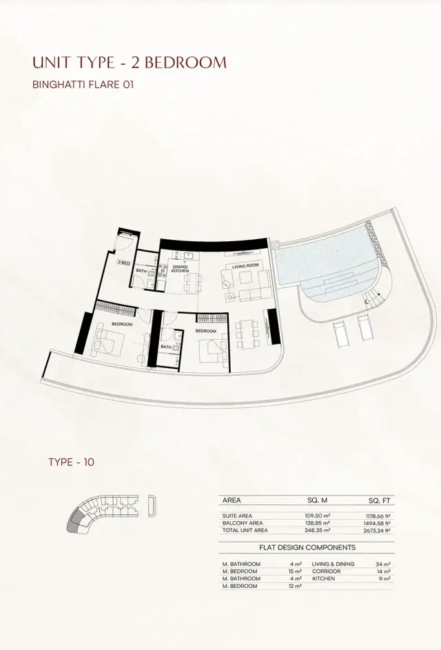 Binghatti Flare at JVT – Twin-Tower Apartments in Dubai 2 BR Apartment 2,673 Sq. Ft. Floor Plan