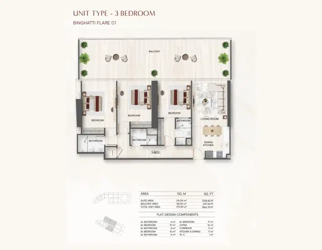 Binghatti Flare at JVT – Twin-Tower Apartments in Dubai 3 BR Apartment 1,866 Sq. Ft. Floor Plan