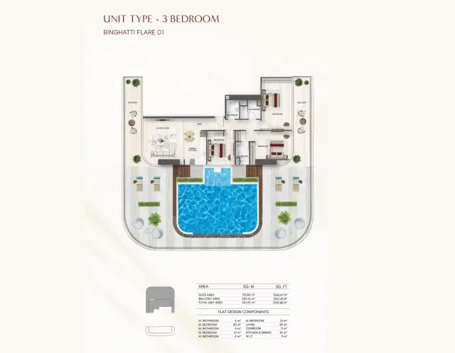 Binghatti Flare at JVT – Twin-Tower Apartments in Dubai 3 BR Apartment 3,787 Sq. Ft. Floor Plan