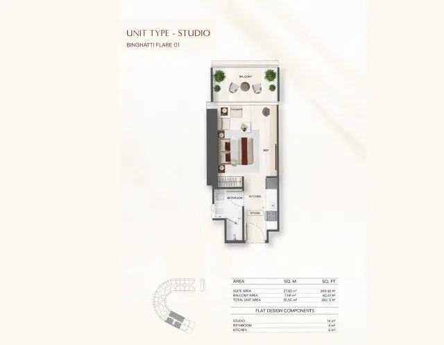 Binghatti Flare at JVT – Twin-Tower Apartments in Dubai Studio 382 Sq. Ft. Floor Plan