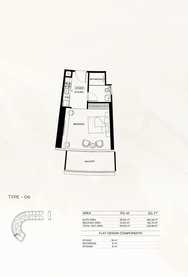 Binghatti Flare at JVT – Twin-Tower Apartments in Dubai Studio 533 Sq. Ft. Floor Plan