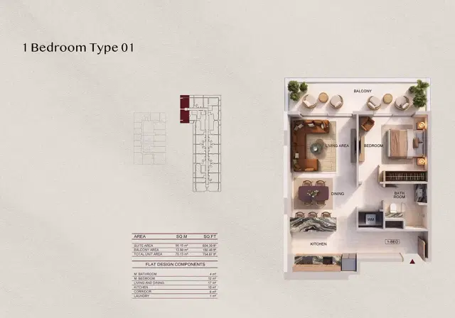 Binghatti Spectre at Al Jaddaf 1 BR Apartments 754 Sq. Ft. Floor Plan