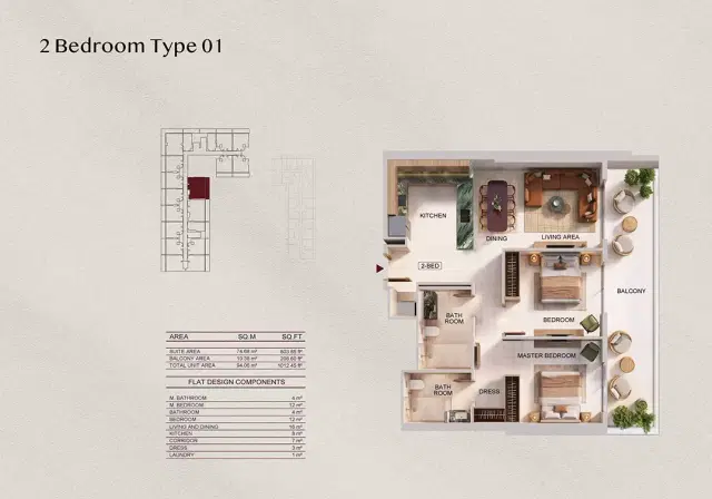 Binghatti Spectre at Al Jaddaf 2 BR Apartments 1,012 Sq. Ft. Floor Plan