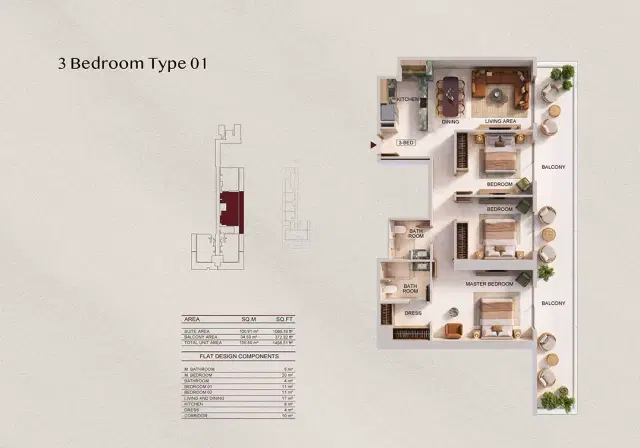 Binghatti Spectre at Al Jaddaf 3 BR Apartments 1,458 Sq. Ft. Floor Plan