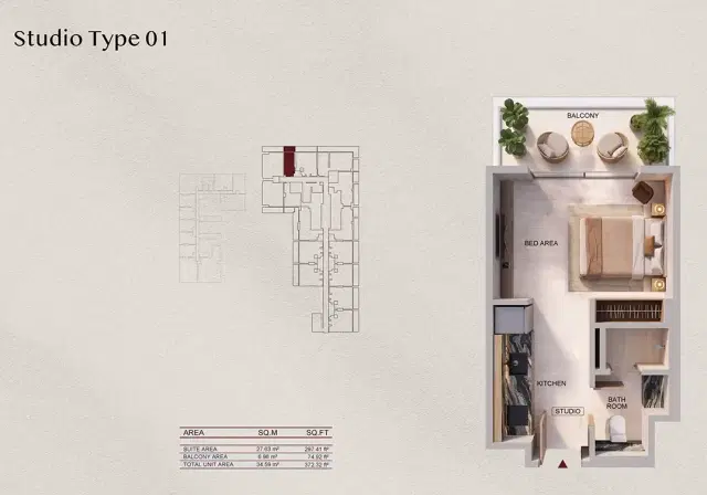 Binghatti Spectre at Al Jaddaf Studios 372 Sq. Ft. Floor Plan