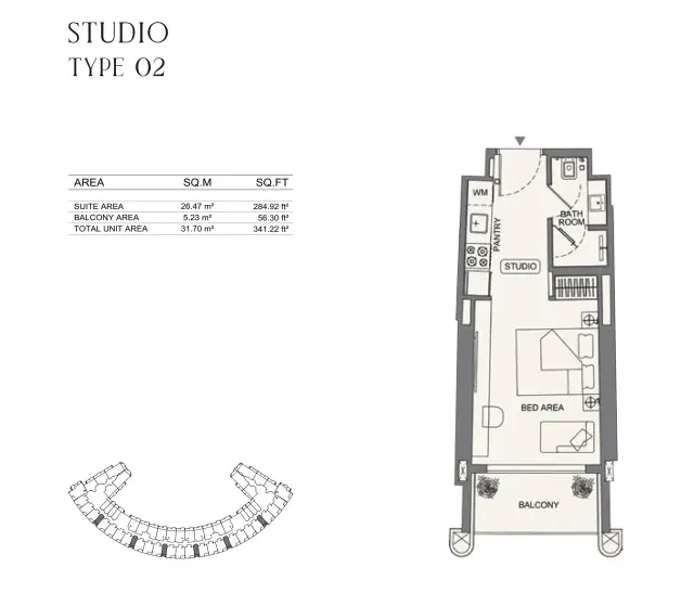 Binghatti Wraith at Al Jaddaf Dubai Studio 341 Sq. Ft. Floor Plan