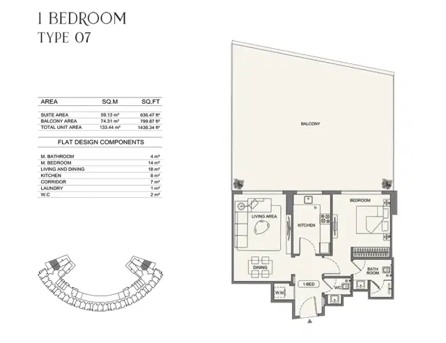 Binghatti Wraith at Al Jaddaf Dubai 1 BR Apartment 1436 Sq. Ft. Floor Plan