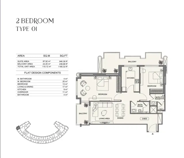 Binghatti Wraith at Al Jaddaf Dubai 2 BR Apartment 1185 Sq. Ft. Floor Plan