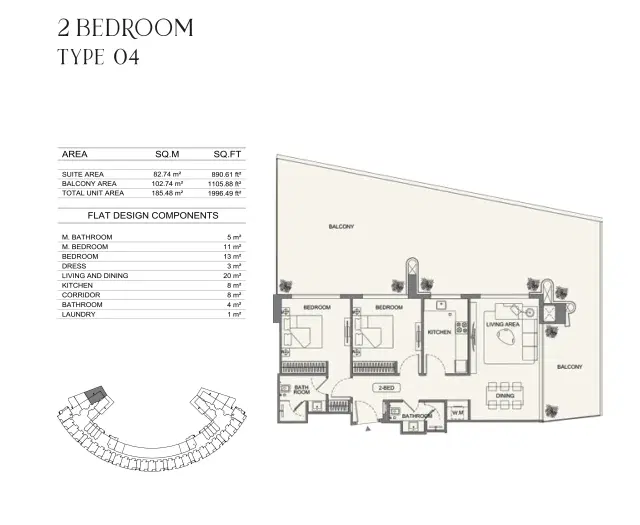 Binghatti Wraith at Al Jaddaf Dubai 2 BR Apartment 1996 Sq. Ft. Floor Plan