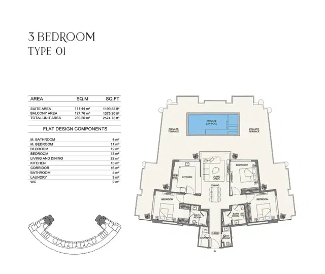 Binghatti Wraith at Al Jaddaf Dubai 3 BR Apartment 2574 Sq. Ft. Floor Plan