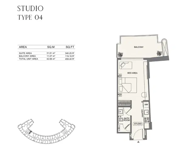 Binghatti Wraith at Al Jaddaf Dubai Studios 459 Sq. Ft. Floor Plan