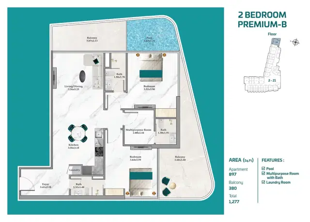 Breez by Danube Apartments & Villas at Dubai Maritime City 2 BR Apartment 1,277 Sq. Ft. Floor Plan