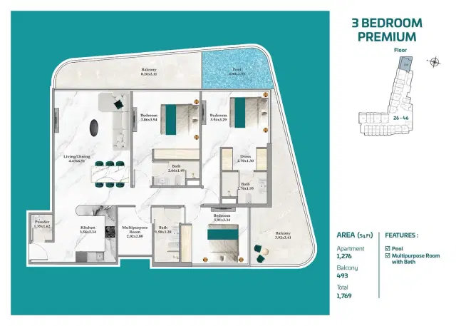 Breez by Danube Apartments & Villas at Dubai Maritime City 3 BR Apartment 1,769 Sq. ft. Floor Plan
