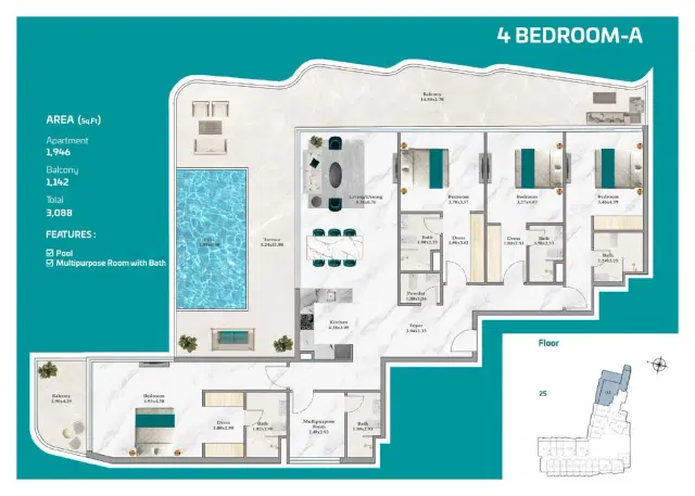 Breez by Danube Apartments & Villas at Dubai Maritime City 4 BR Apartment 3,088 Sq. Ft. Floor Plan
