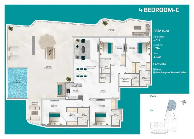 Breez by Danube Apartments & Villas at Dubai Maritime City 4 BR Apartment 3,460 Sq. Ft. Floor Plan