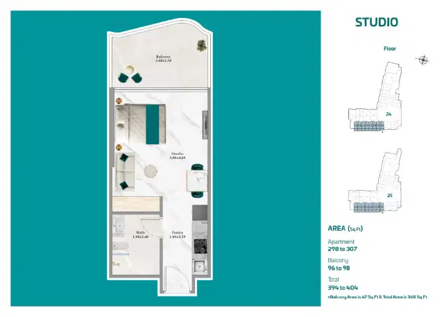 Breez by Danube Apartments & Villas at Dubai Maritime City Studio 394 Sq. Ft. Floor Plan