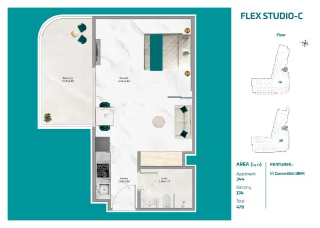 Breez by Danube Apartments & Villas at Dubai Maritime City Studio 478 Sq. Ft. Floor Plan