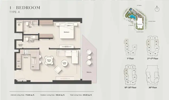 Ellington Eltiera Heights at Jumeirah Islands 1 BR Apartment 820 Sq. Ft. Floor Plan