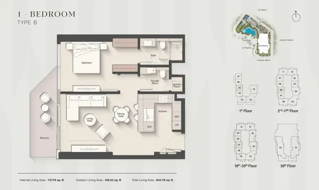 Ellington Eltiera Heights at Jumeirah Islands 1 BR Apartment 843 Sq. Ft. Floor Plan