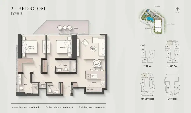 Ellington Eltiera Heights at Jumeirah Islands 2 BR Apartment 1,236 Sq. Ft. Floor Plan