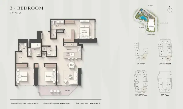 Ellington Eltiera Heights at Jumeirah Islands 3 BR Apartment 1,640 Sq. Ft. Floor Plan