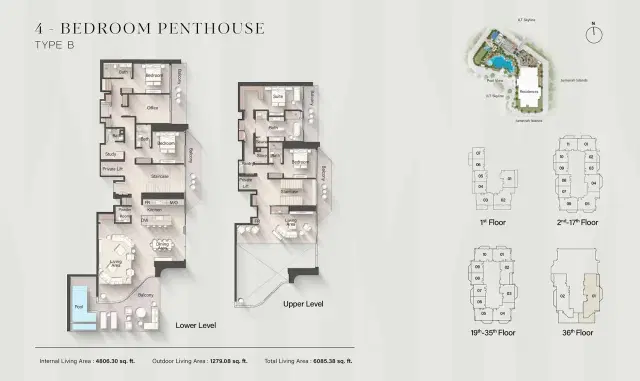 Ellington Eltiera Heights at Jumeirah Islands 4 BR Penthouses 6,085 Sq. Ft. Floor Plan