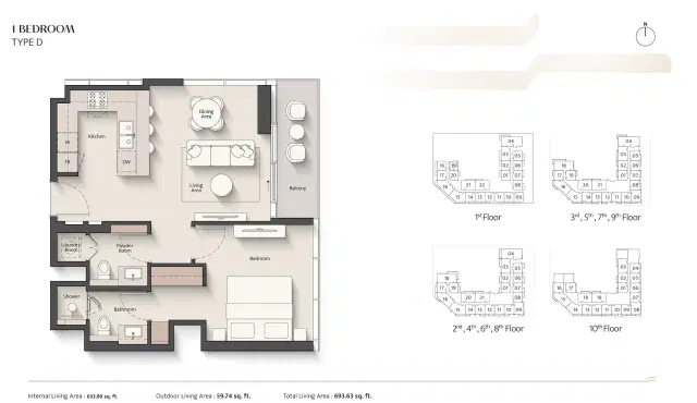 Ellington Everly Place at MBR City 1 BR Apartment 693 Sq. Ft. Floor Plan