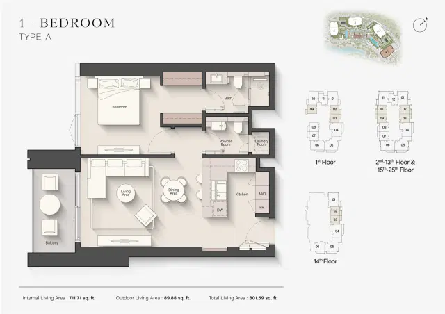 Ellington Eltiera Views at Jumeirah Islands Dubai 1 BR Apartment 801 Sq. Ft. Floor Plan