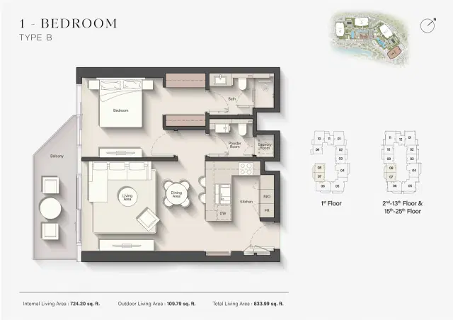 Ellington Eltiera Views at Jumeirah Islands Dubai 1 BR Apartment 833 Sq. Ft. Floor Plan