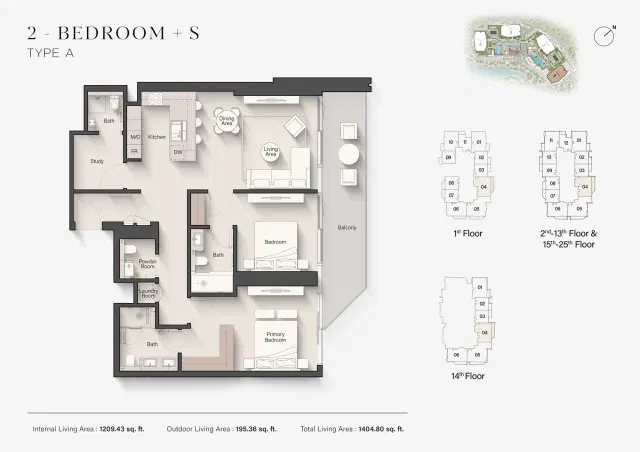 Ellington Eltiera Views at Jumeirah Islands Dubai 2 BR Apartment 1,404 Sq. Ft. Floor Plan