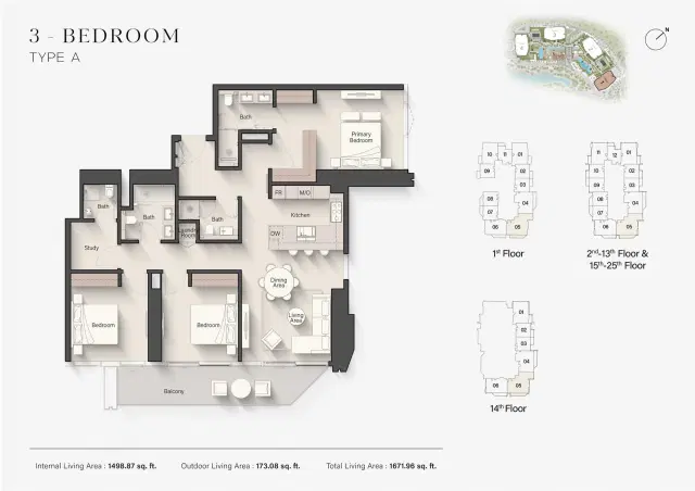 Ellington Eltiera Views at Jumeirah Islands Dubai 3 BR Apartment 1,671 Sq. Ft. Floor Plan