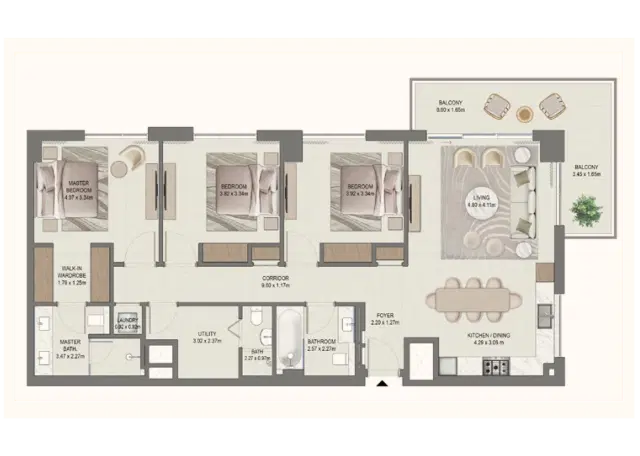 Emaar Golf Fields Apartments & Townhouses at Emaar South 3 Bedroom Apartment 1,633 – 2,150 Sq. Ft. Floor Plan