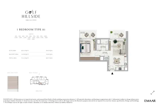 Emaar Golf Hillside at Dubai Hills Estate 1 BR Apartment 741 Sq. Ft. Floor Plan